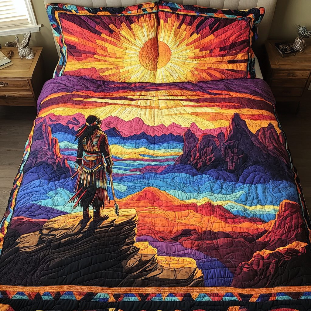 Sacred Lands quilted 3-piece bedding set on a made bed in a softly lit bedroom