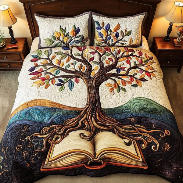 Sacred Leaves of Learning quilted 3-piece bedding set on a made bed in a softly lit bedroom