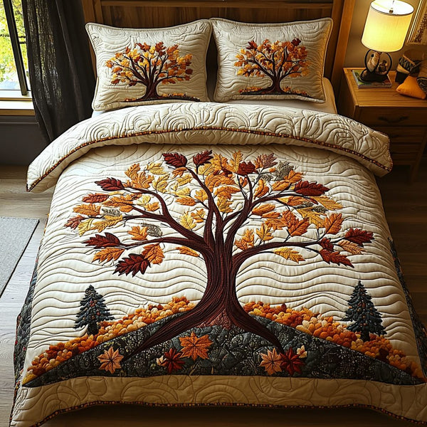 Sacred Leaves quilted 3-piece bedding set on a made bed in a softly lit bedroom