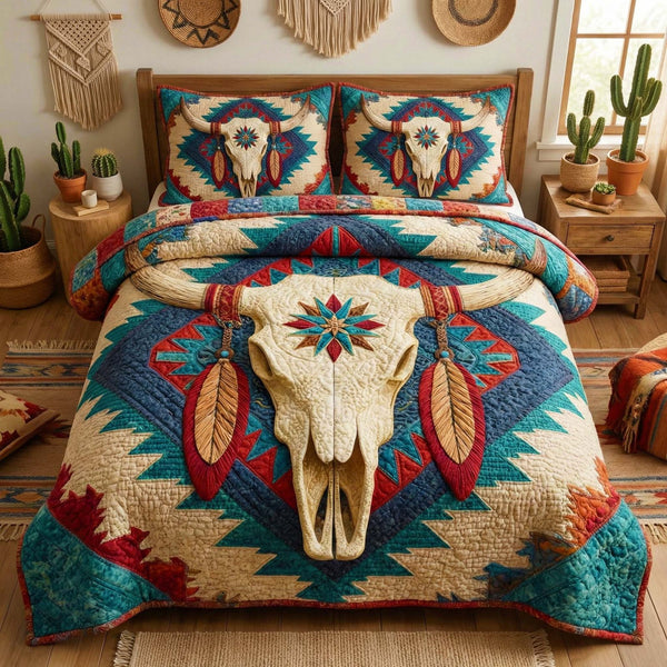 Sacred Longhorn quilted 3-piece bedding set on a made bed in a softly lit bedroom