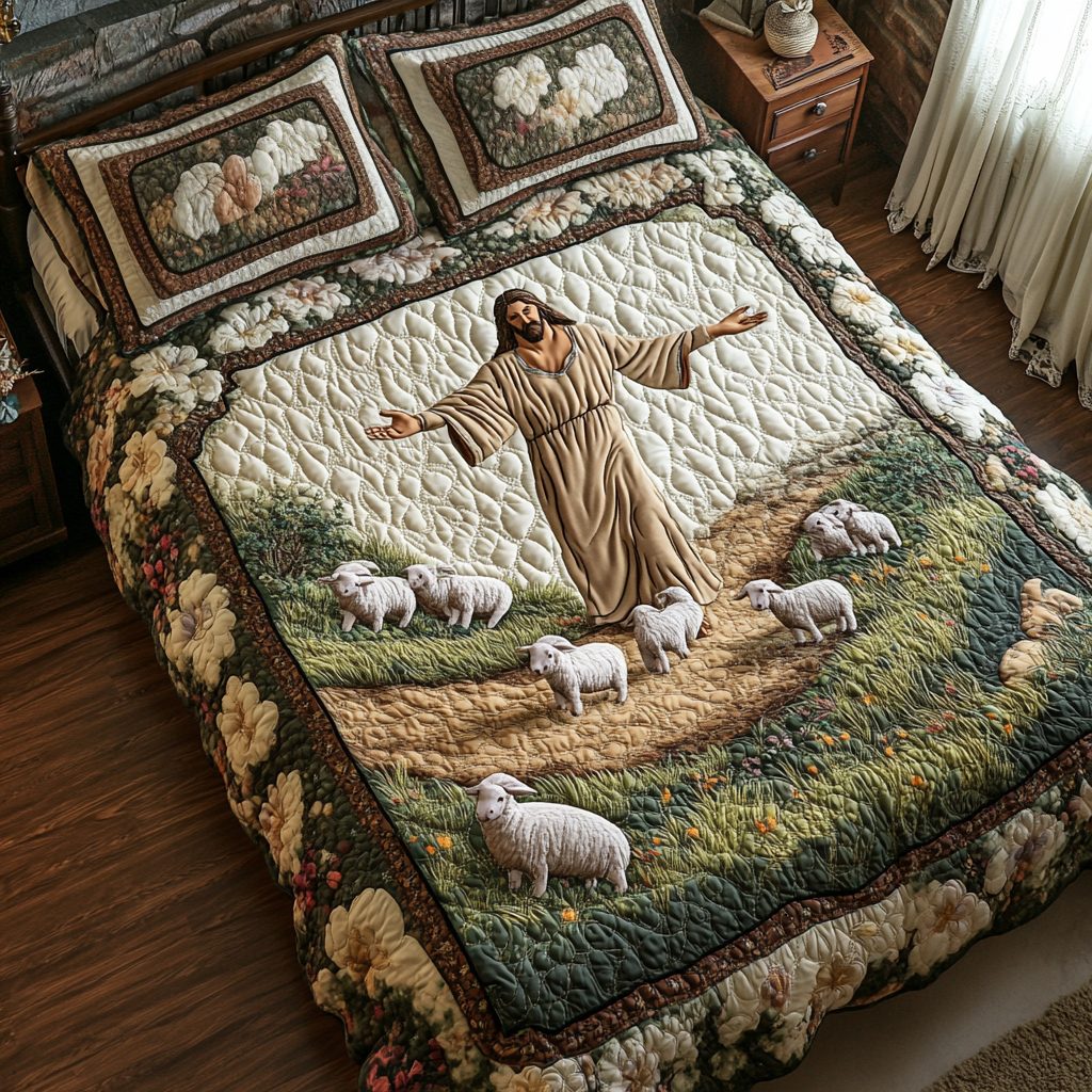 Sacred Love quilted 3-piece bedding set on a made bed in a softly lit bedroom