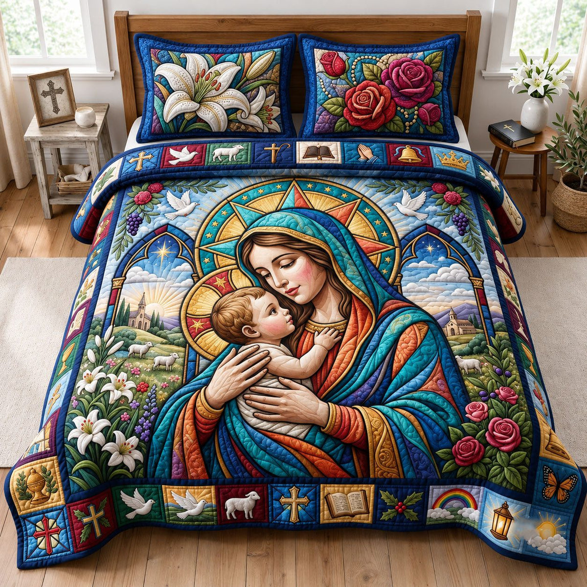 Sacred Madonna and Child quilted 3-piece bedding set on a made bed in a softly lit bedroom