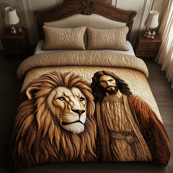 Sacred Majesty quilted 3-piece bedding set on a made bed in a softly lit bedroom
