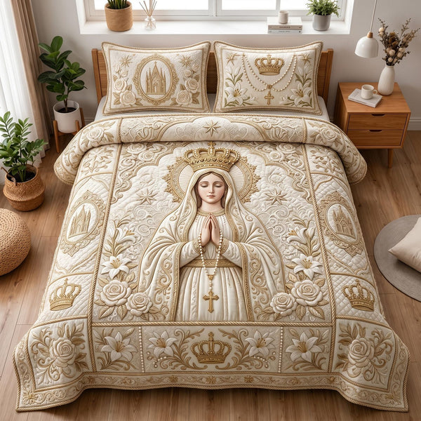 Sacred Mary quilted 3-piece bedding set on a made bed in a softly lit bedroom