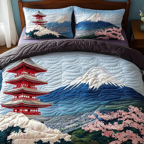 Sacred Mountain View quilted 3-piece bedding set on a made bed in a softly lit bedroom