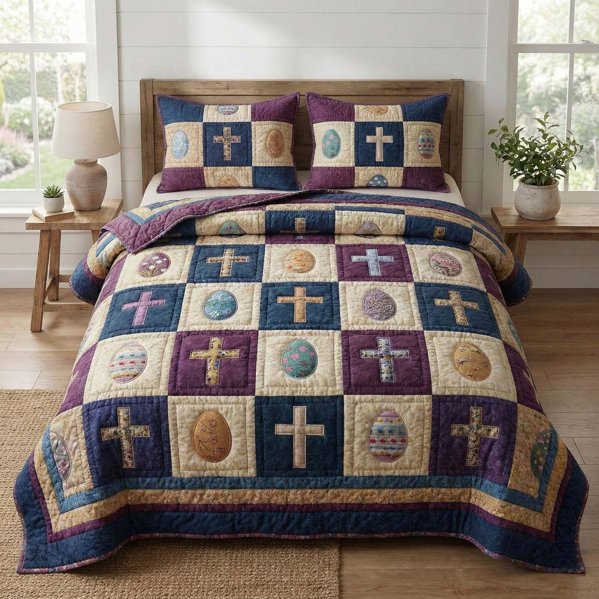 Sacred Patchwork quilted 3-piece bedding set on a made bed in a softly lit bedroom