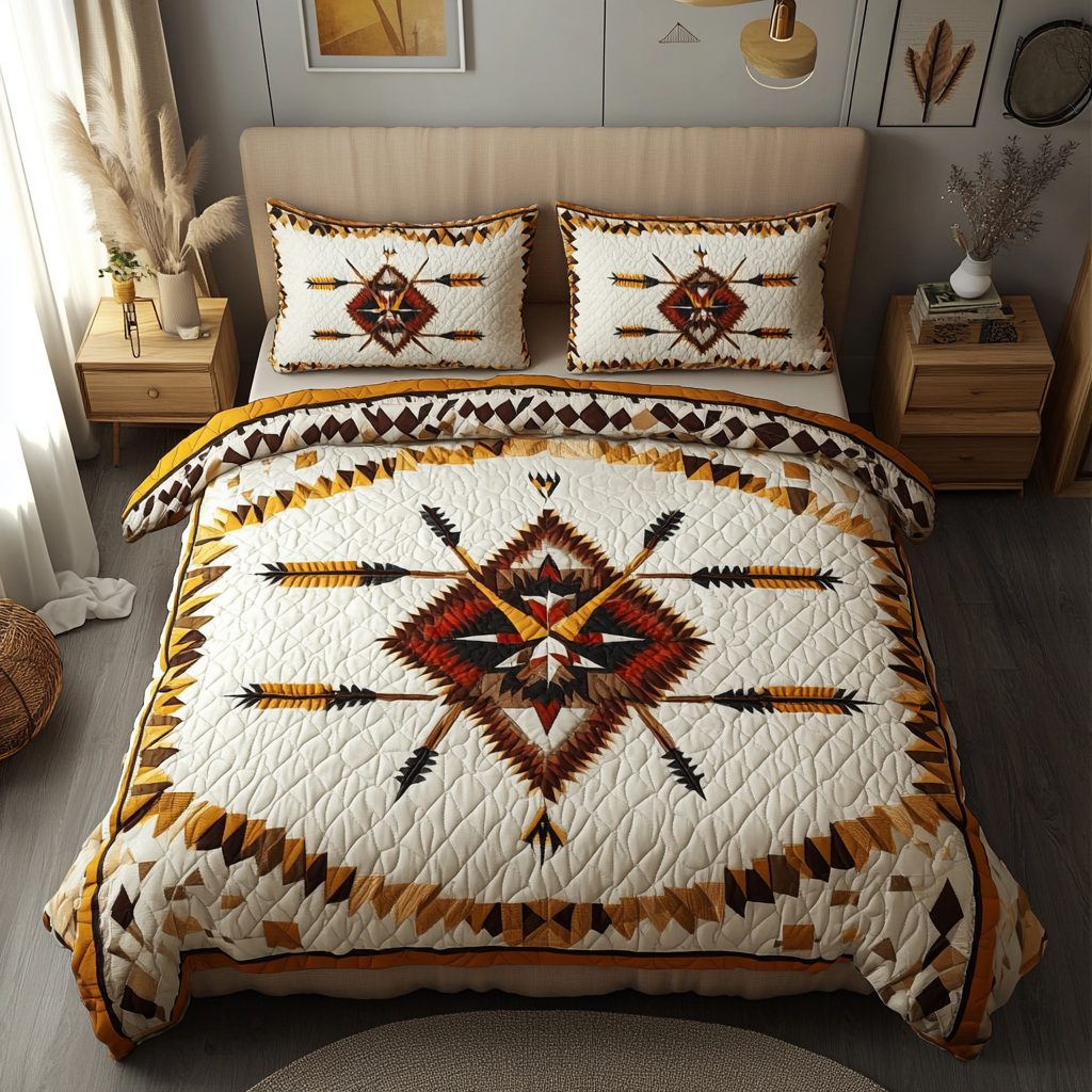 Sacred Path quilted 3-piece bedding set on a made bed in a softly lit bedroom