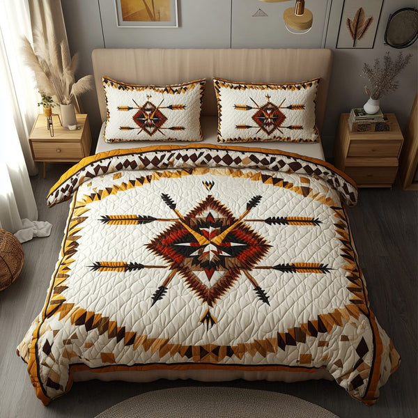 Sacred Path quilted 3-piece bedding set on a made bed in a softly lit bedroom