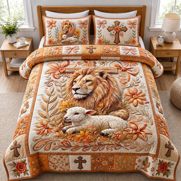 Sacred Peace quilted 3-piece bedding set on a made bed in a softly lit bedroom