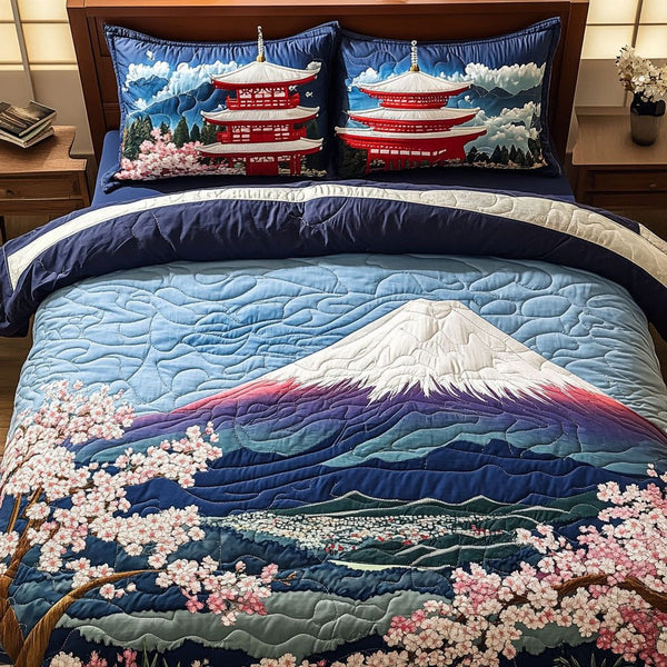 Sacred Peaks quilted 3-piece bedding set on a made bed in a softly lit bedroom