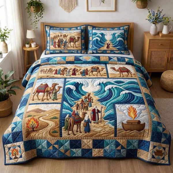 Sacred Pesach quilted 3-piece bedding set on a made bed in a softly lit bedroom