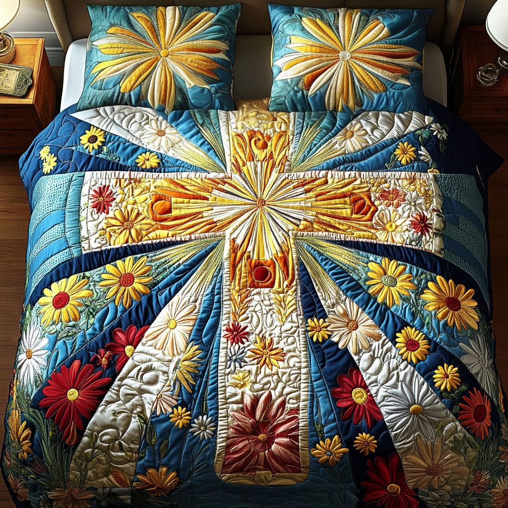 Sacred Petals quilted 3-piece bedding set on a made bed in a softly lit bedroom