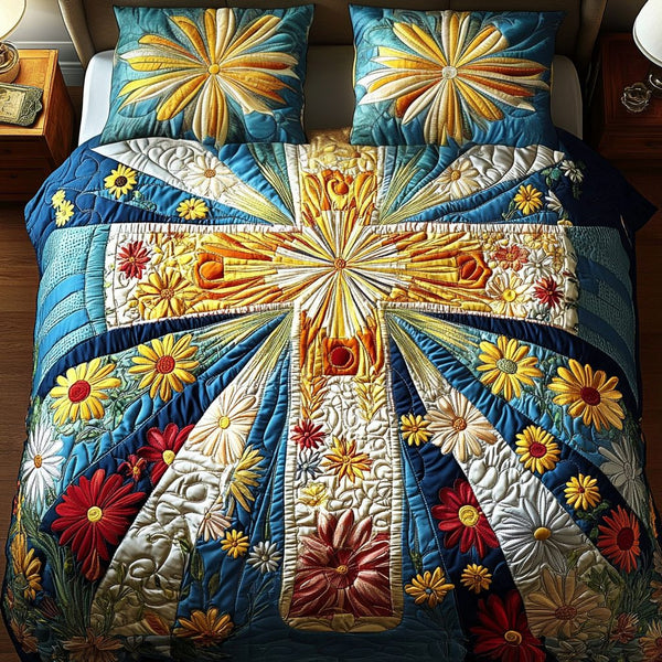 Sacred Petals quilted 3-piece bedding set on a made bed in a softly lit bedroom