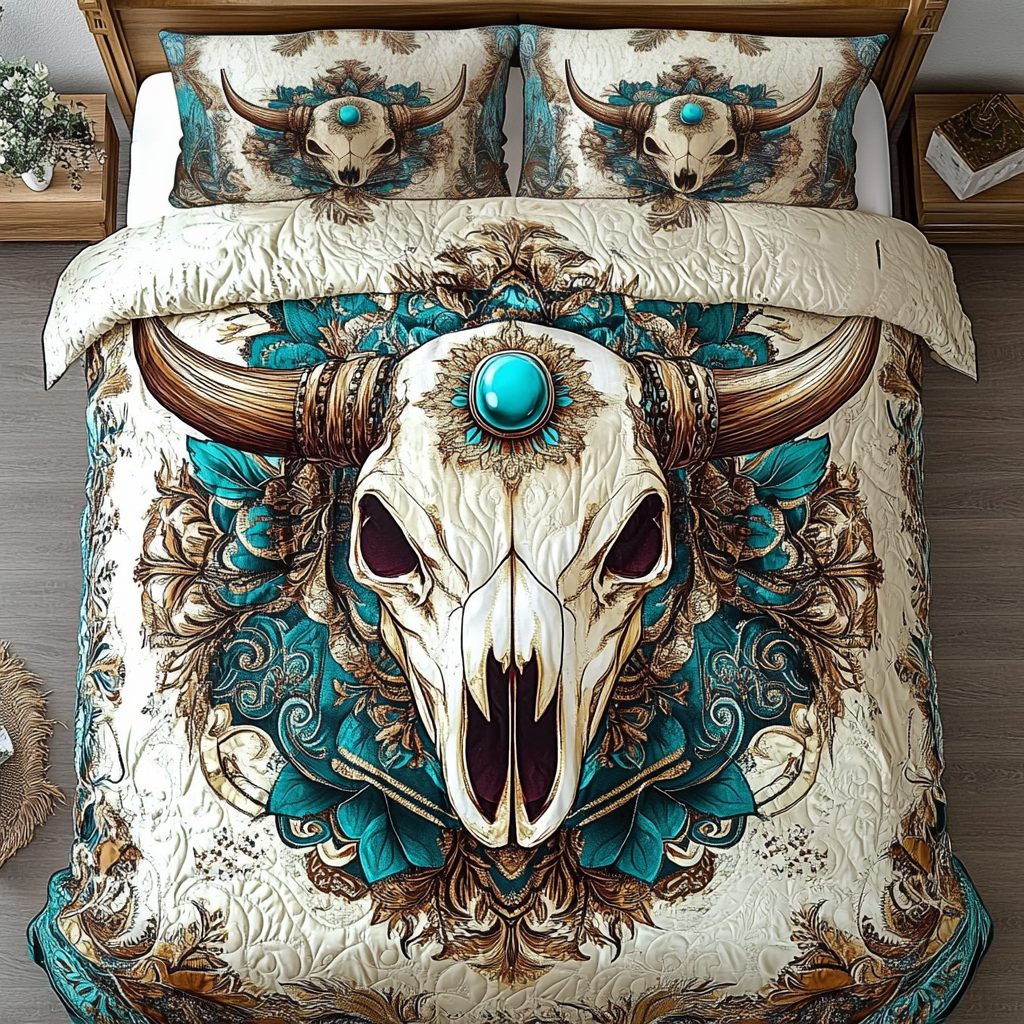 Sacred Plains quilted 3-piece bedding set on a made bed in a softly lit bedroom