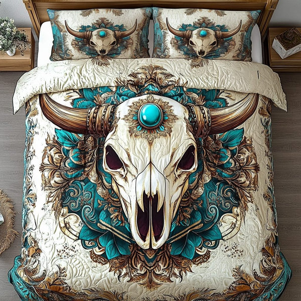 Sacred Plains quilted 3-piece bedding set on a made bed in a softly lit bedroom