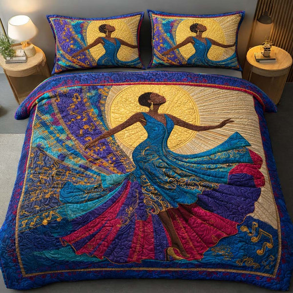 Sacred Rhythm quilted 3-piece bedding set on a made bed in a softly lit bedroom