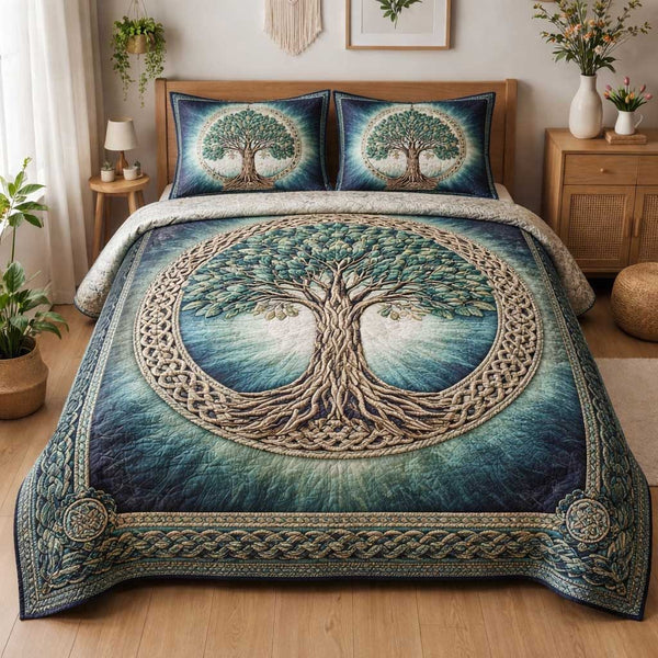 Sacred Roots quilted 3-piece bedding set on a made bed in a softly lit bedroom