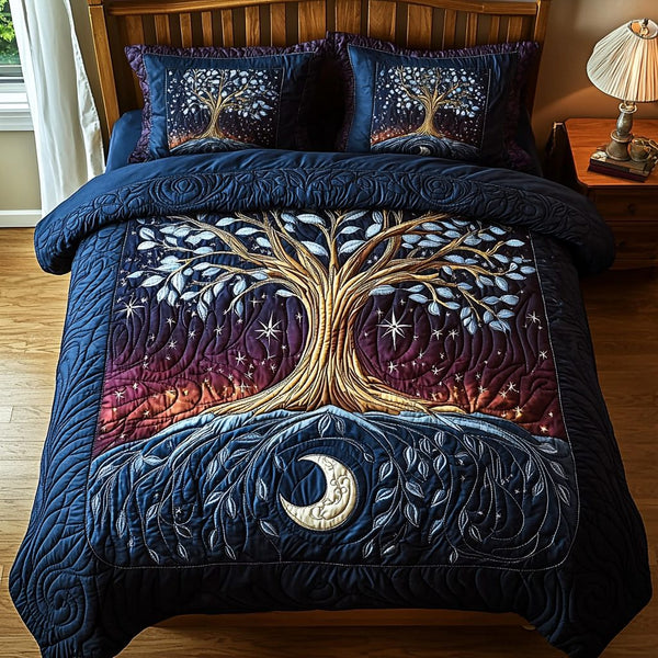 Sacred Roots quilted 3-piece bedding set on a made bed in a softly lit bedroom