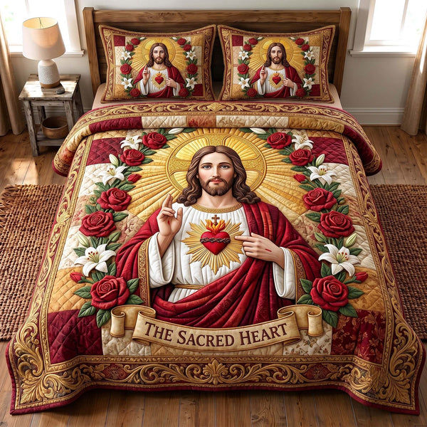 Sacred Savior quilted 3-piece bedding set on a made bed in a softly lit bedroom