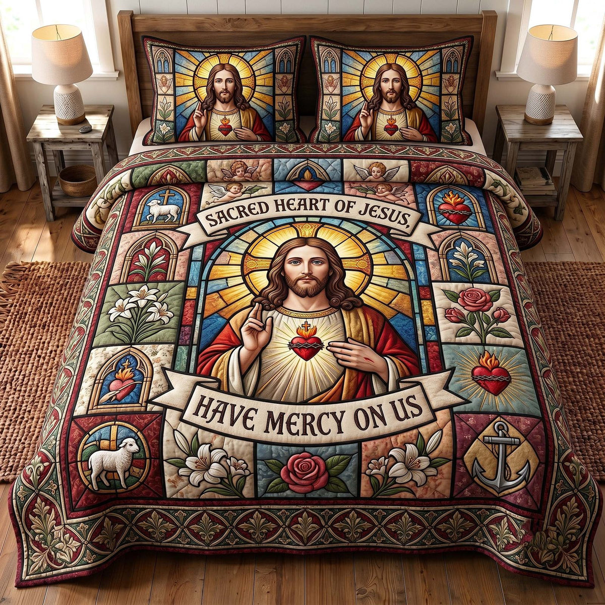 Sacred Savior quilted 3-piece bedding set on a made bed in a softly lit bedroom