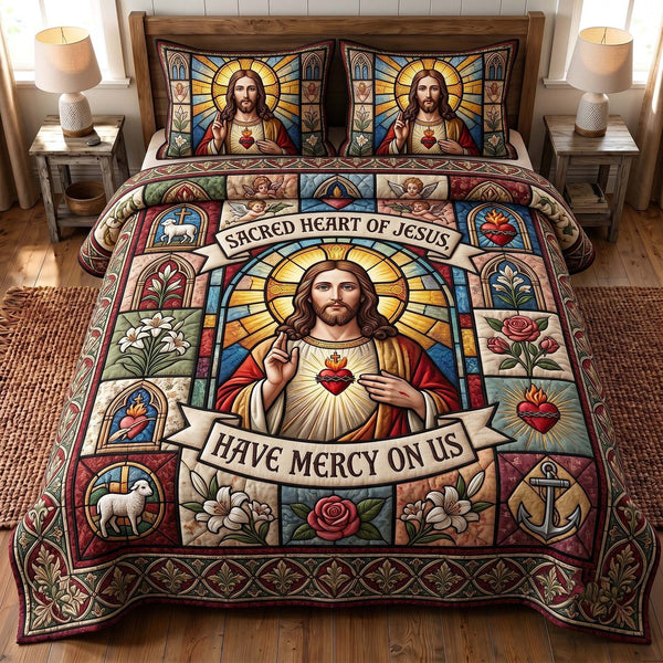 Sacred Savior quilted 3-piece bedding set on a made bed in a softly lit bedroom