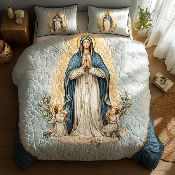 Sacred Serenity quilted 3-piece bedding set on a made bed in a softly lit bedroom