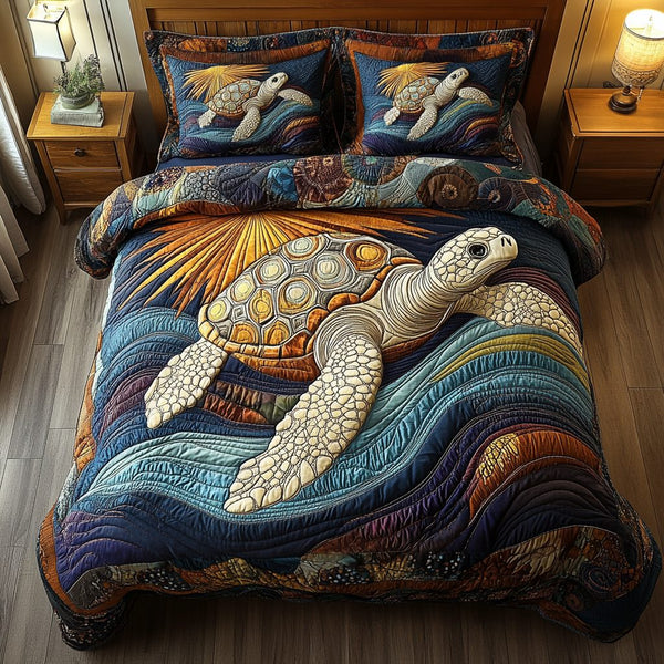 Sacred Shell quilted 3-piece bedding set on a made bed in a softly lit bedroom