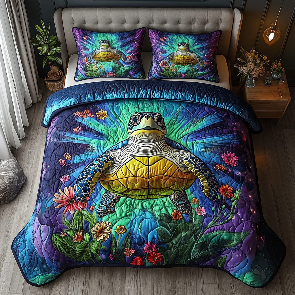 Sacred Shell quilted 3-piece bedding set on a made bed in a softly lit bedroom