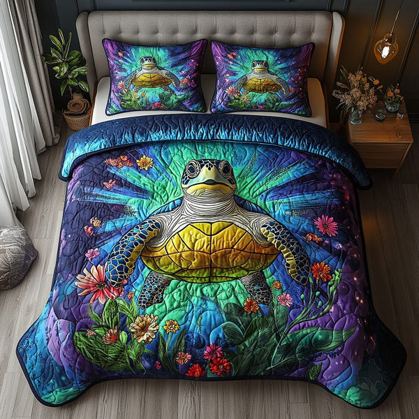 Sacred Shell quilted 3-piece bedding set on a made bed in a softly lit bedroom