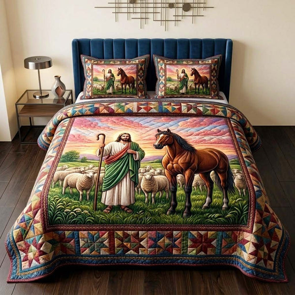 Sacred Shepherd quilted 3-piece bedding set on a made bed in a softly lit bedroom