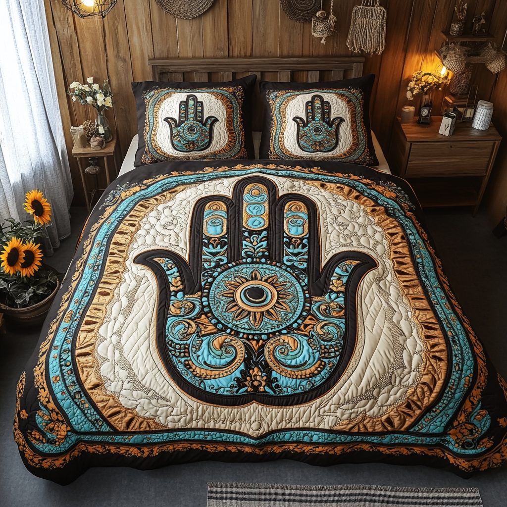 Sacred Shield quilted 3-piece bedding set on a made bed in a softly lit bedroom