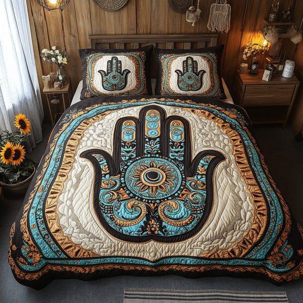Sacred Shield quilted 3-piece bedding set on a made bed in a softly lit bedroom