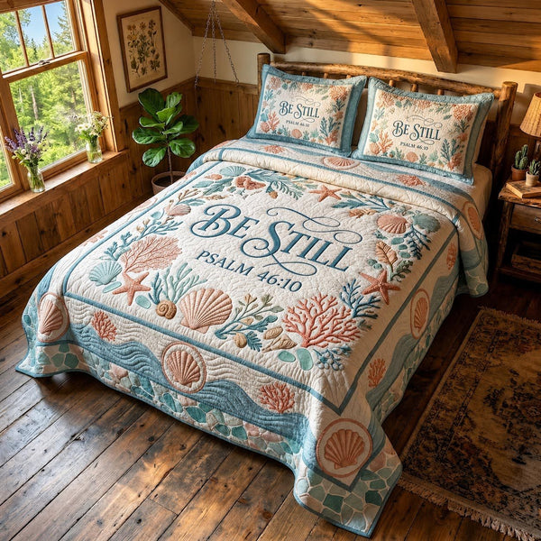 Sacred Shores quilted 3-piece bedding set on a made bed in a softly lit bedroom