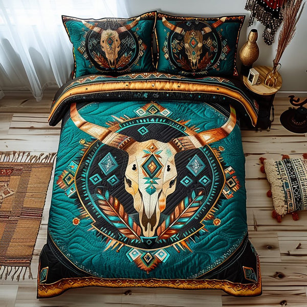 Sacred Skull quilted 3-piece bedding set on a made bed against a dark styled interior