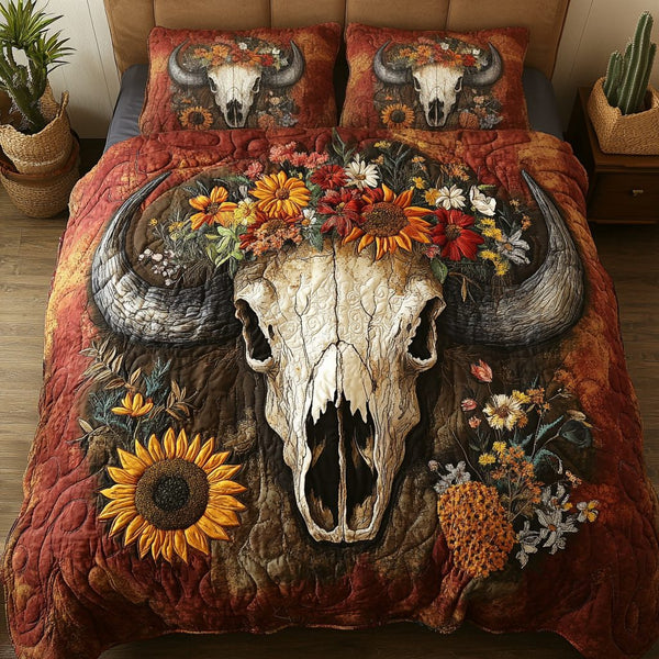 Sacred Skull quilted 3-piece bedding set on a made bed against a dark styled interior