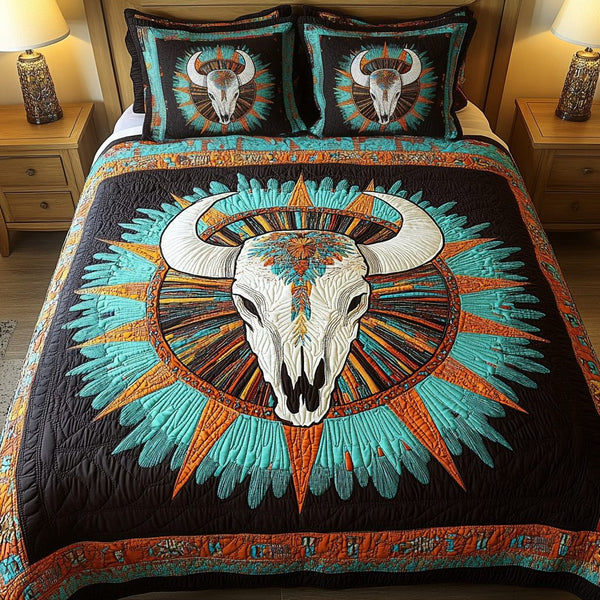 Sacred Skull quilted 3-piece bedding set on a made bed against a dark styled interior