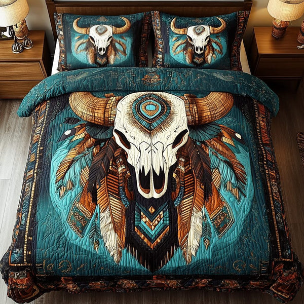Sacred Skull quilted 3-piece bedding set on a made bed against a dark styled interior
