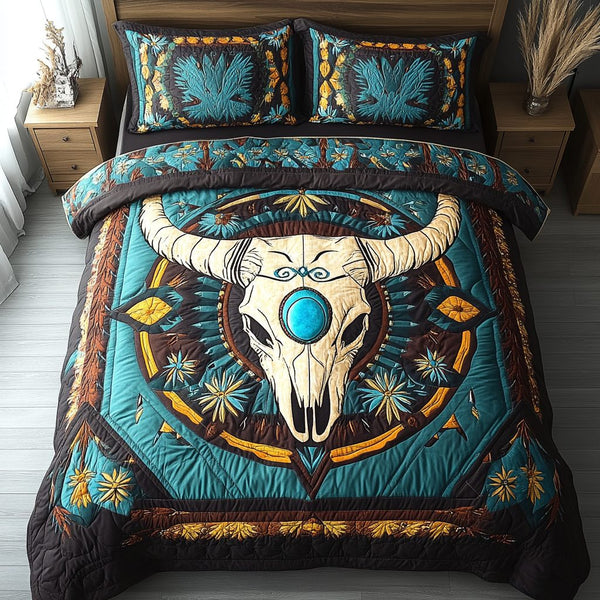 Sacred Skulls quilted 3-piece bedding set on a made bed against a dark styled interior