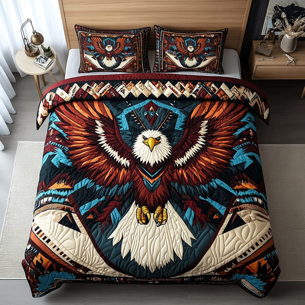 Sacred Soar quilted 3-piece bedding set on a made bed in a softly lit bedroom