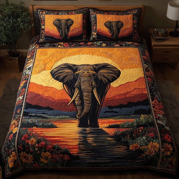 Sacred Soil Wanderer quilted 3-piece bedding set on a made bed in a softly lit bedroom