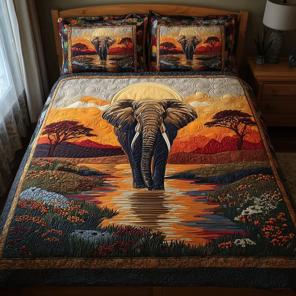 Sacred Soil Wanderer quilted 3-piece bedding set on a made bed in a softly lit bedroom