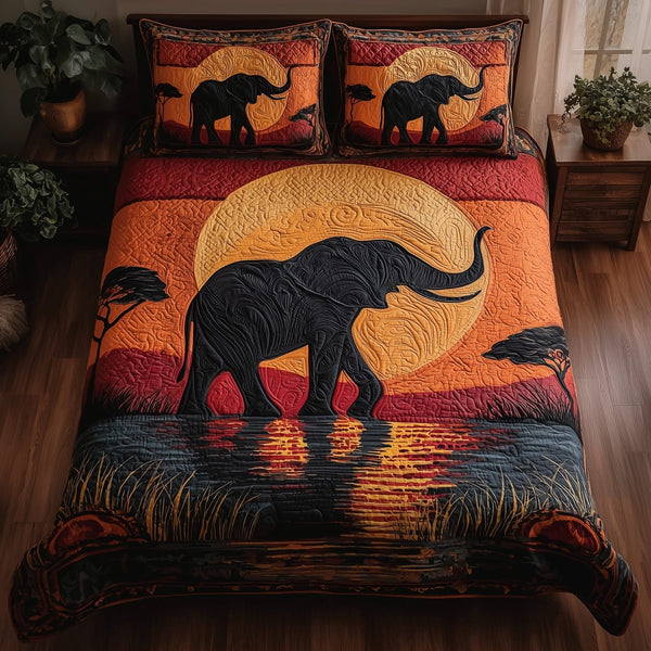 Sacred Soil Wanderer quilted 3-piece bedding set on a made bed in a softly lit bedroom