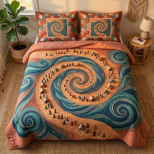 Sacred Spiral Journey quilted 3-piece bedding set on a made bed in a softly lit bedroom
