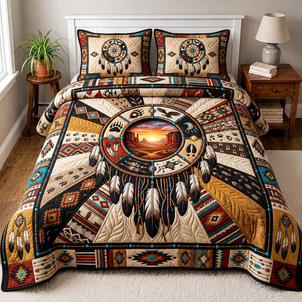 Sacred Spirit quilted 3-piece bedding set on a made bed in a softly lit bedroom