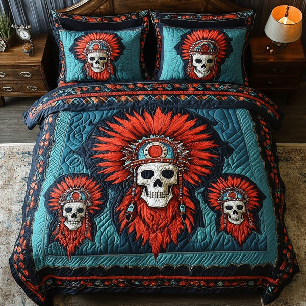 Sacred Spirit quilted 3-piece bedding set on a made bed in a softly lit bedroom