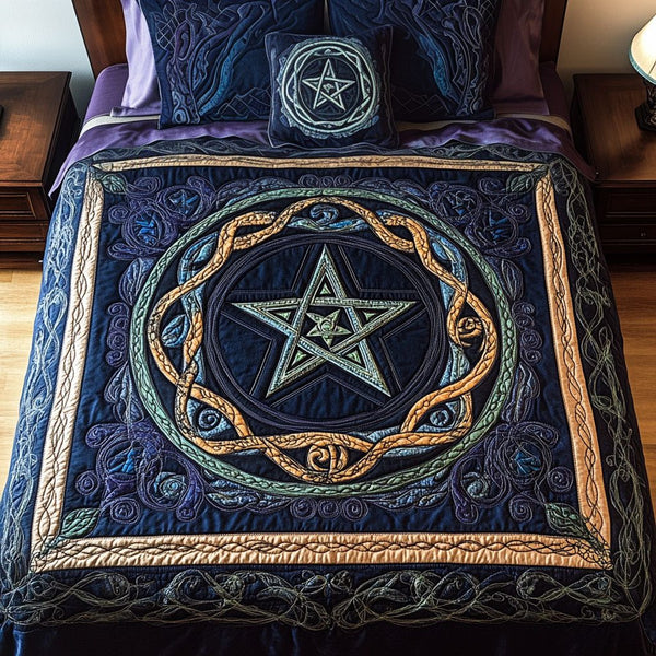 Sacred Star quilted 3-piece bedding set on a made bed in a softly lit bedroom