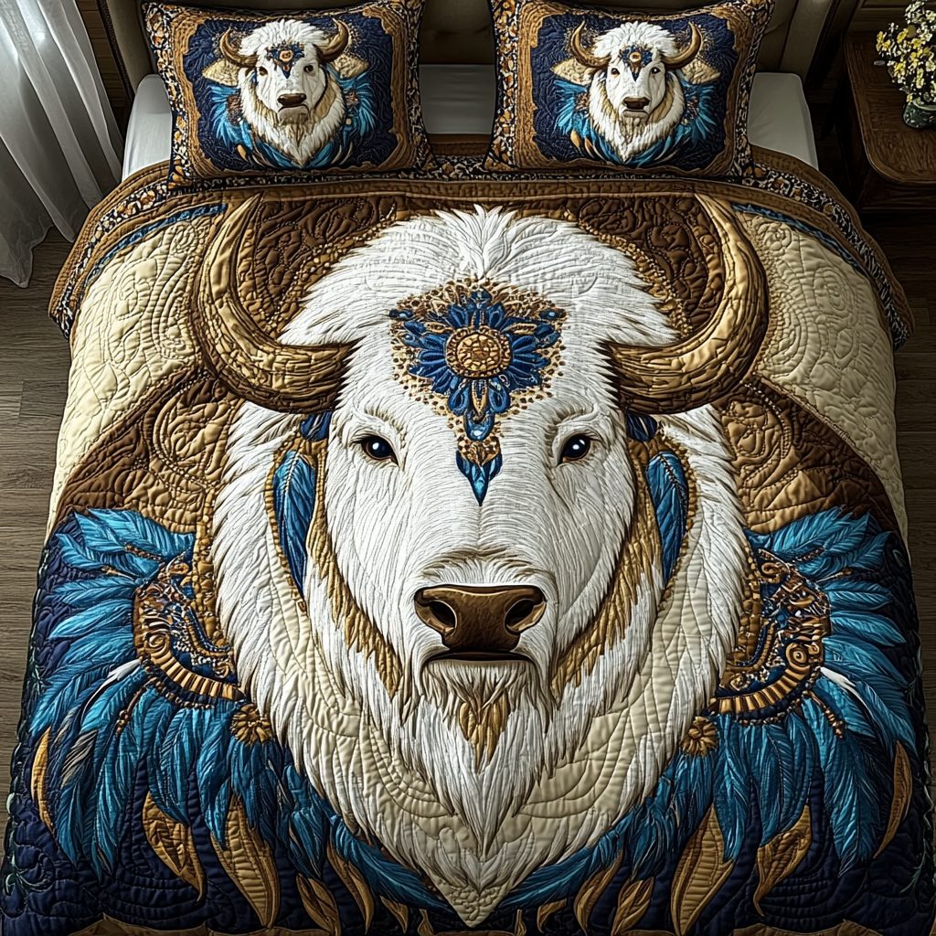Sacred Steps quilted 3-piece bedding set on a made bed in a softly lit bedroom