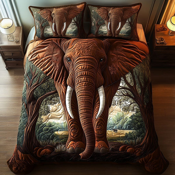 Sacred Strength quilted 3-piece bedding set on a made bed in a softly lit bedroom
