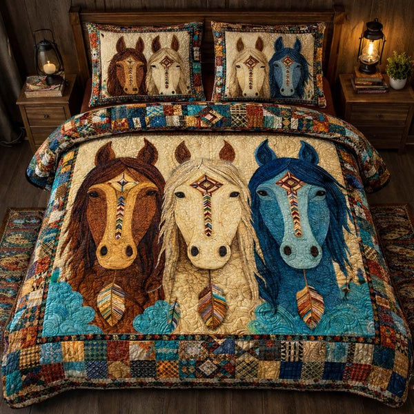 Sacred Three Horses quilted 3-piece bedding set on a made bed in a softly lit bedroom