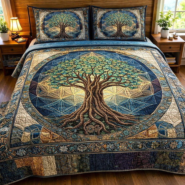 Sacred Tree quilted 3-piece bedding set on a made bed in a softly lit bedroom